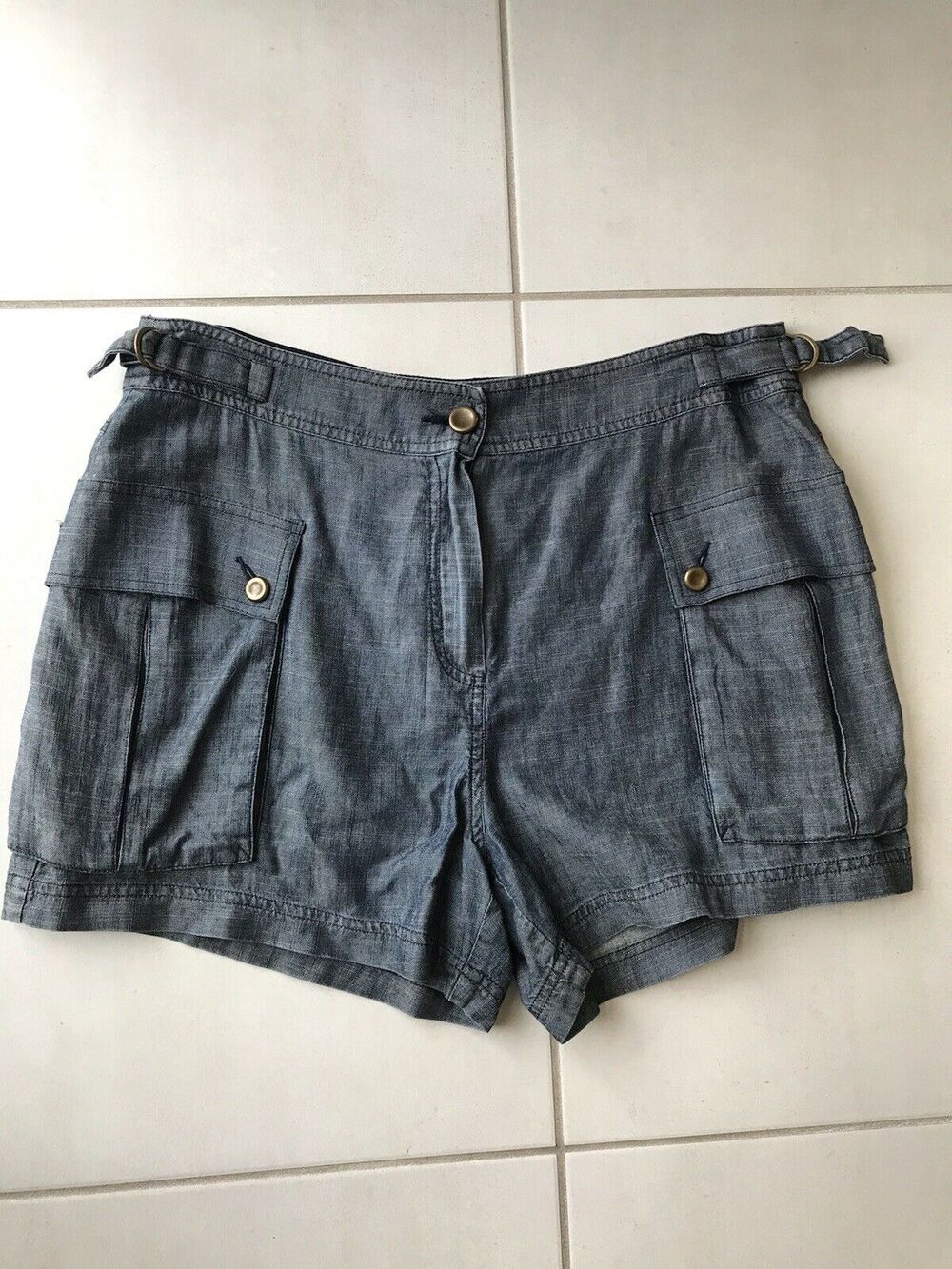 Trina Turk Shorts Women Sz 6 High Waist Cargo Linen Blend Blue